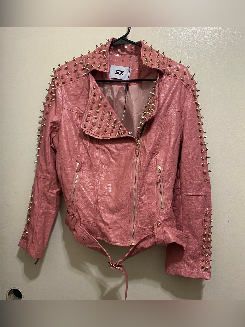 SX Honey Pot Womens L Faux Pink Leather Gold Studded Motorcycle Jacket Belt NWT